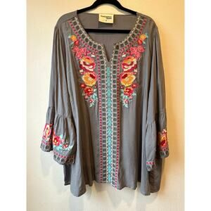 Savanna Jane Embroidered Boho Tunic Top 3X Floral Bell Sleeve